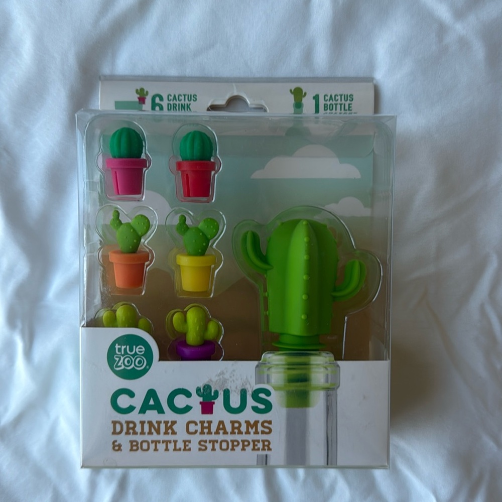 7PC Silicone Cactus Wine Glass Charms /Drink Markers & Bottle Stopper Set